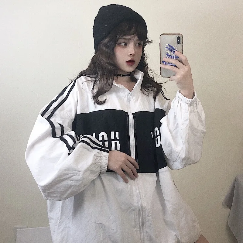 

Women's Basic Hooded Jacket Patchwork Long Sleeve Clothing Multicolor Autumn Coat Female Casual Windbreaker