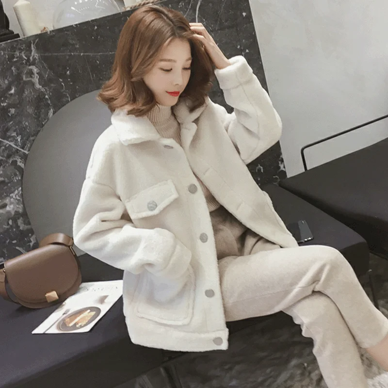beige Осенне-зимняя одежда, новое корейское свободное шерстяное пальто из овечьей шерсти, женские куртки, плотная теплая верхняя одежда для девочек XA356 - Цвет: beige