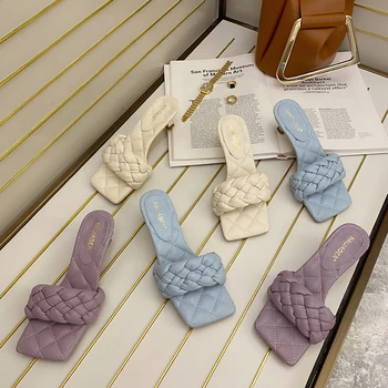 

Women Sandals Slippers Weave Design Solid Color Slides Slippers Thin Mid Heels Mules Shoes Woman Party Pumps Wedding Slides Mule