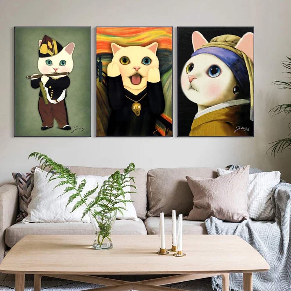 Мультяшный Кот с жемчугом серьги холст картина настенные картины для ребенка