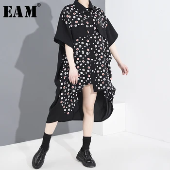 

[EAM] Women Black Pattern Printed Back Long Big Size Shirt Dress New Lapel Half Sleeve Loose Fashion Spring Summer 2020 1W003