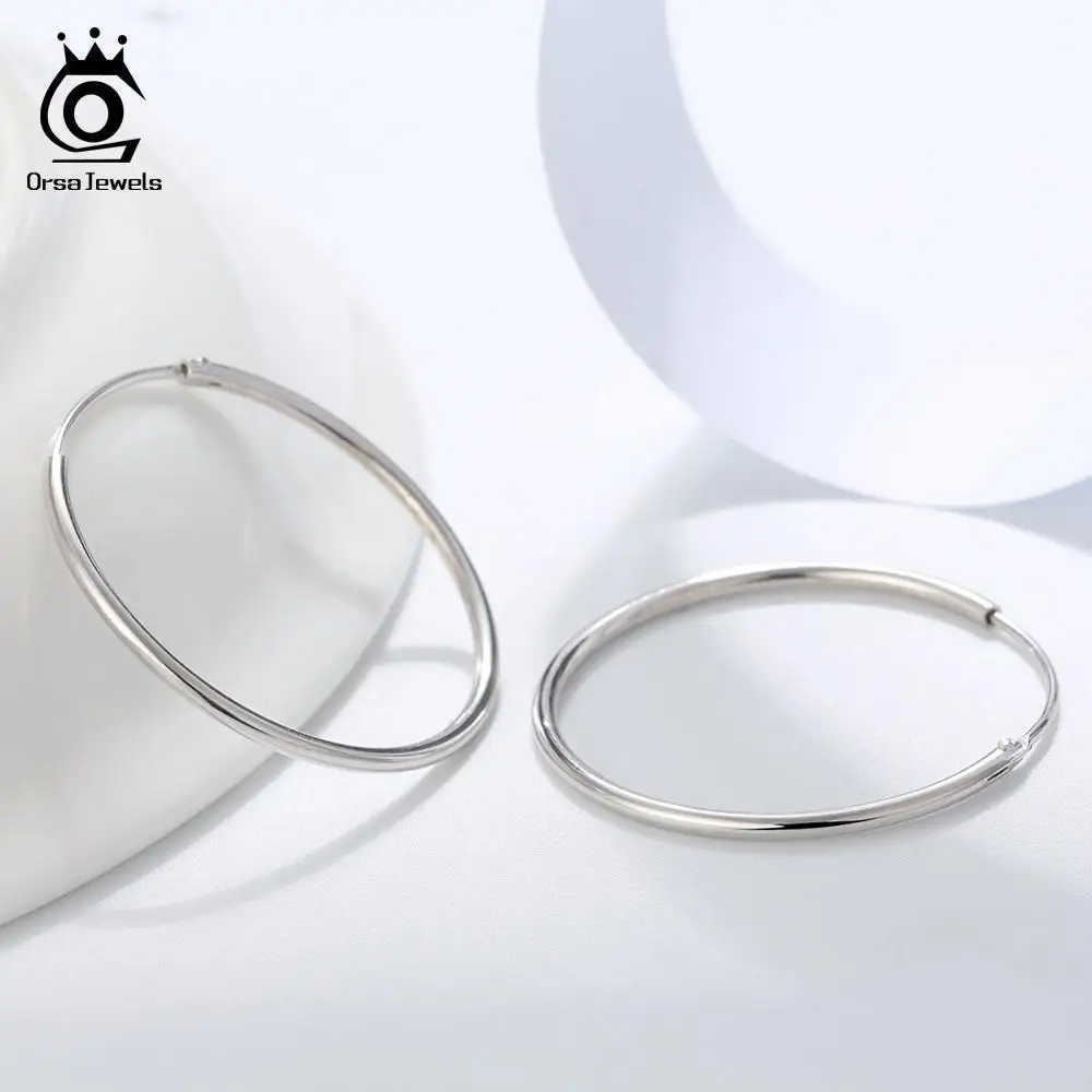 ORSA JEWELS Solid 925 Sterling Silver Round Hoop Earrings For Women 30 40 50 MM Female Circle Earrings Fashion Jewelry SE146 - Image 3