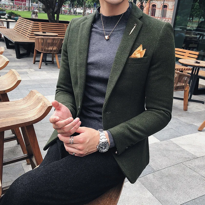 

Autumn Winter 7 Solid Green Black Khaki One Button Homme Suit Jacket Men Blazer Masculino