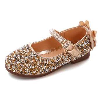 

New Kids Flat Shoes Girl Pearl Bow Princess Wedding Childrens Shoes Girls White Dress Leather Shoes 3 4 5 6 7 8 9 10 11 12 Years