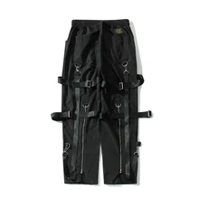 Мужские хип-хоп брюки карго для влюбленных с высокой уличной лентой на молнии, свободные панк-рок брюки, черные бандажные с пряжкой, функциональные брюки для его и ее