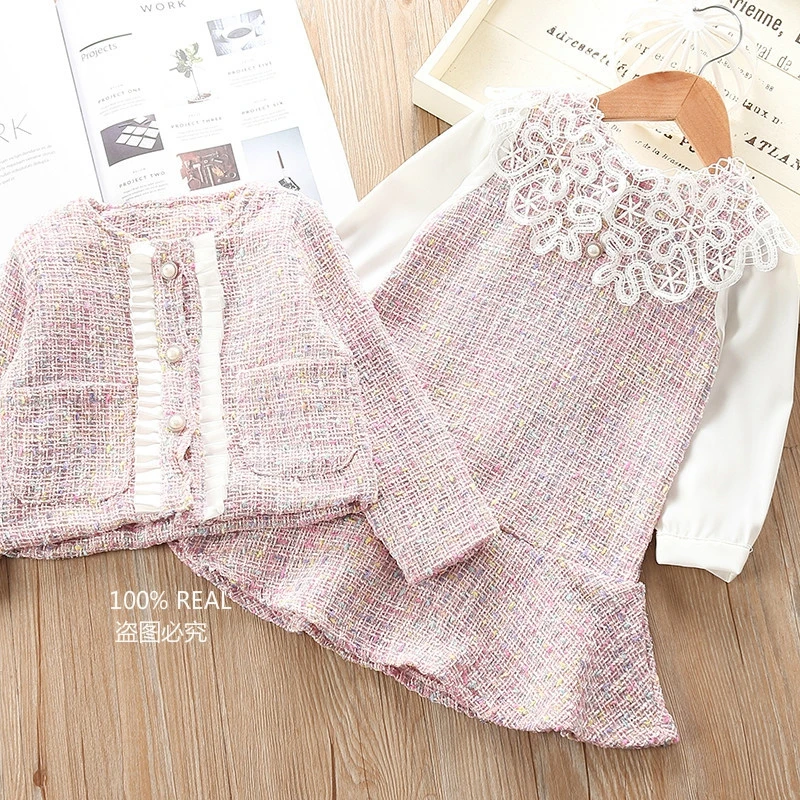 

2019 Autumn Girls Sweet Small Fragrance Jacket Long-Sleeved Lace Lapel Plaid Lace Dress Two-Piece