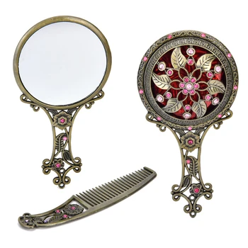 

New 1 Set Women Chic Retro Vintage pocket Mirror Compact Makeup Mirrors Comb Set Hand Make Up Bronze Hollowed-Out Make Up