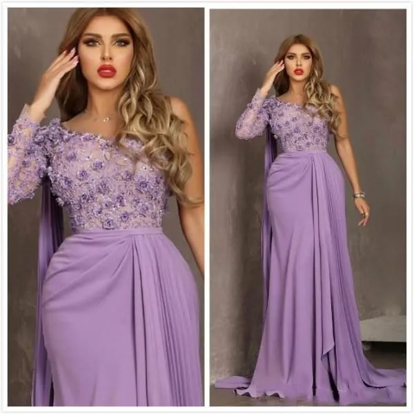 2020 Aankomst Paars Prom Dresses Sexy Een Schouder Hals Lange Mouw 3D Bloemen Kant Stof Lijfje Rok Formele Avondjurken 2020 Aankomst Paars Prom Dresses Sexy Een Schouder Hals Lange Mouw 3D Bloemen Kant Stof Lijfje Rok Formele Avondjurken