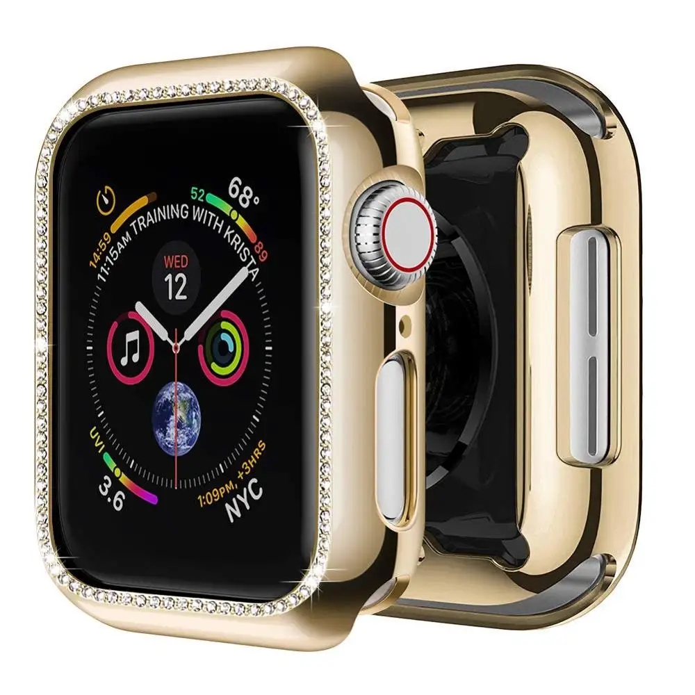 Чехол для apple watch, ремешок для apple watch 5, 4, 3, 44 мм, 40 мм, iwatch, ремешок 42 мм, 38 мм, Блестящий Алмазный защитный чехол для экрана, бампер - Цвет ремешка: gold