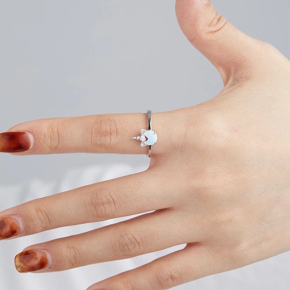 SILVERHOO 925 Sterling Silver Ring Sparkle Opal Unicorn Design Women Rings Couple Wedding Anniversary Gift Adjustable Jewelry