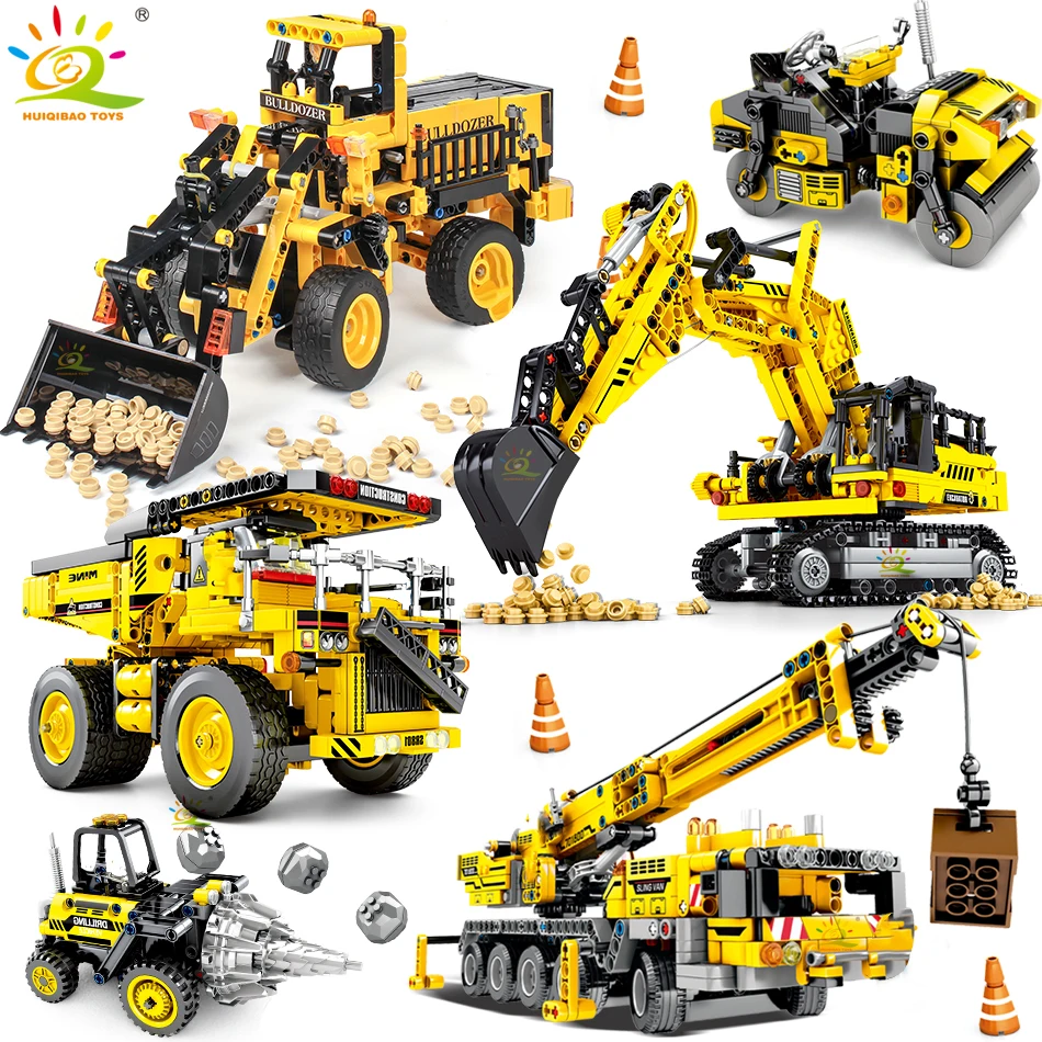 HUIQIBAO Engineering Bulldozer Crane Dump Truck Technical Building Blocks City Construction Vehicle Car Bricks Toy For Children