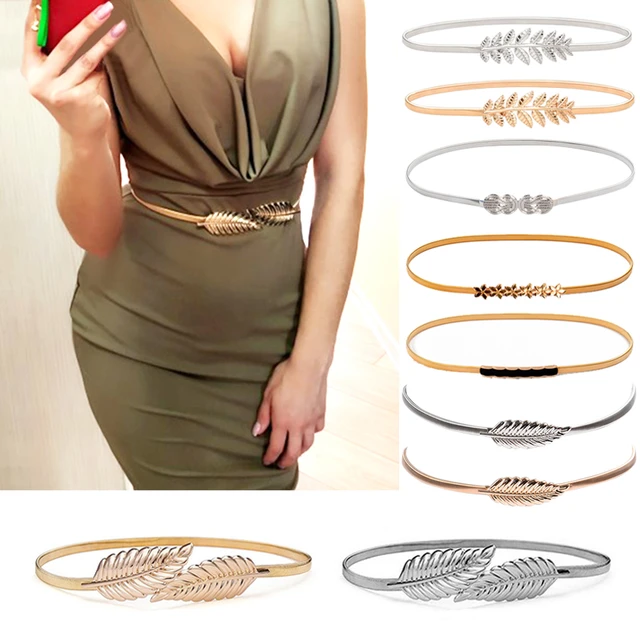 Women Belt Gold Silver LEAF Elastic Metal Stretch High Waist Dress  Cummerbund