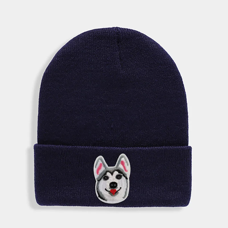 Huskies Hats Fashion Patches Sweet Beanie For Unisex Winter Brimless Stretchy Bonnet Solid Color Outdoor Cap Knitted Beanie