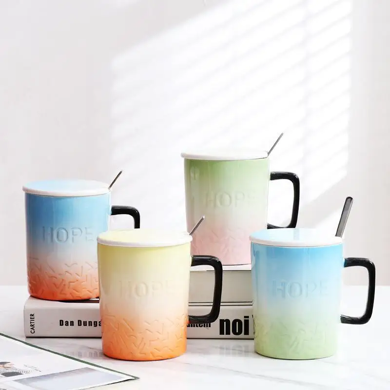 

Creative Gradient Lid Spoon Ceramic Office Coffee Cup Korean Style Simple Breakfast Large Capacity Water Cup Fashion Couple Cup