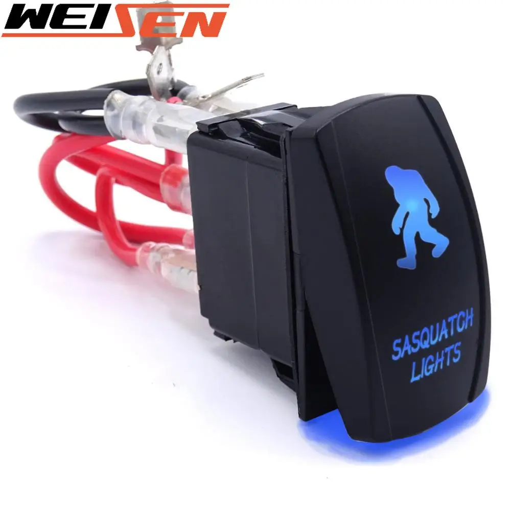 Blue Universal Sasquatch Lights ON-OFF 12V 20A Laser LED Rocker Switch Fit Cars, Trucks, UTV, ATV, Boat, Tractor, Auto, 4x4, 4WD