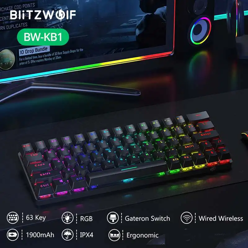 Clavier mécanique Bluetooth sans fil BlitzWolf Commutateur Gateron RGB 63 Disposition des touches Type-C Gaming Gamer Rouge Noir Marron Commutateur Clavier mécanique personnalisé pour PC Mini tablette d