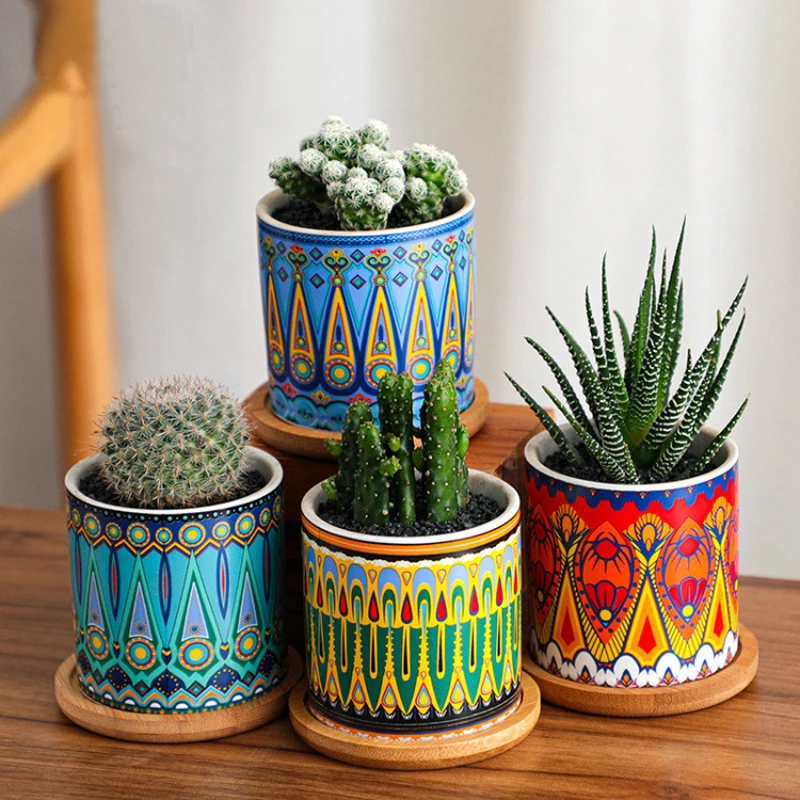 

Nordic style ceramic flower pot American art pattern simple modern continuous pattern color with tray succulents plants planters