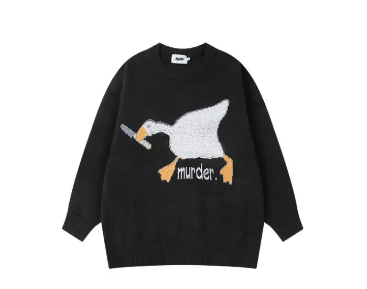 Knitted Sweaters Men Autumn Korean Cartoon Spoof Duck Goose Murder Pattern  Jumper Pullover Women Hip Hop Cotton Casual Sweater