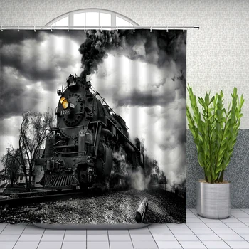 

Hot Sale Retro Train Shower Curtains Steam Engine Bathroom Decor Home Bath Waterproof Polyester Curtain Set Cheap