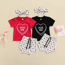 

Summer Baby Clothing 3Pcs Valentines Day Outfits Short Sleeve Heart Letter Print Tops Drawstring Shorts Bow Headband Casual Set