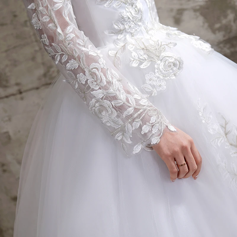 New Summer Korean Light wedding dress Vestidos De Novia off white bride O-neck dream princess simple Long Sleeve Lace appliques dresses for wedding