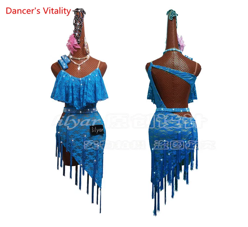Latin Dance Competition Costumes Costumes Sasa Dance Skirt Women Children Lake Blue Lace Skirt Fringed Skirt
