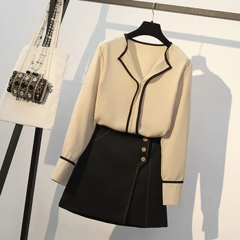 

2020 Spring Fall Two Piece Women Business Suits with Skirt and Top Set Office Ladies chiffon Blouses and a line skirt work sets