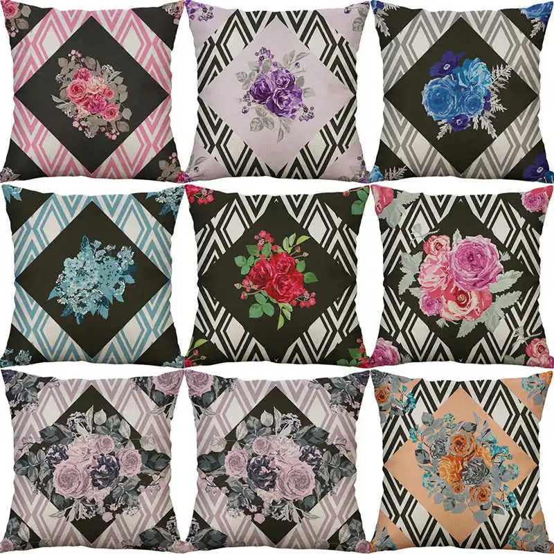 

Decor Pillow Sofa Cotton Case 18\" and Geometric Cushion Linen Flower Cover Home