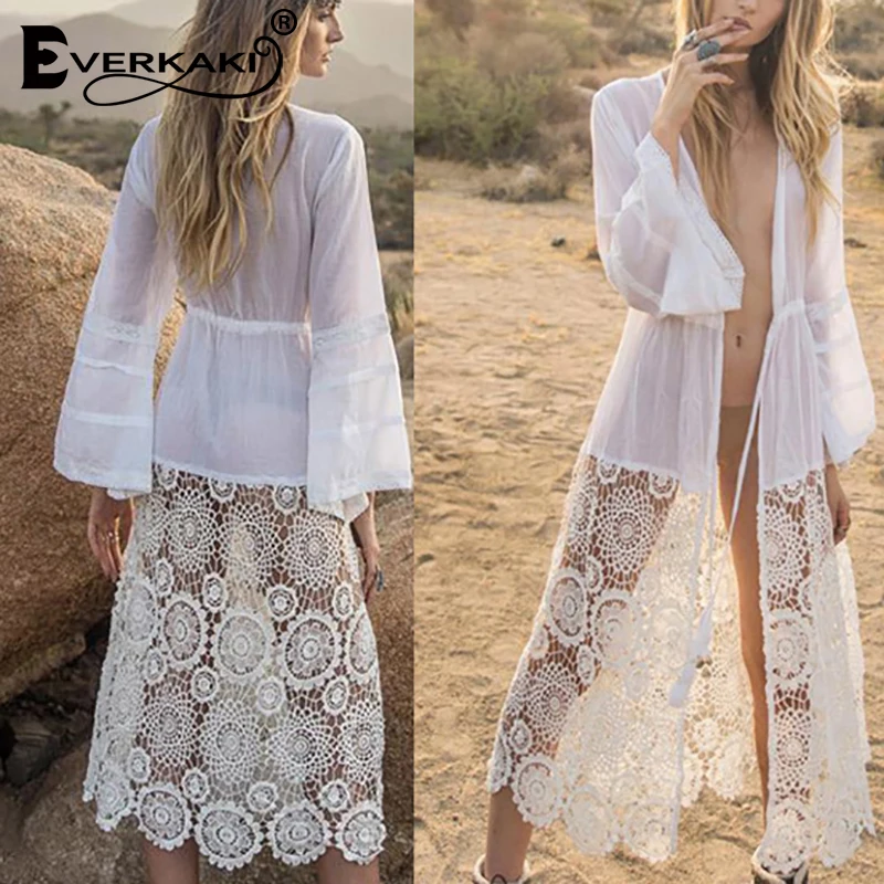 incredible  Everkaki Kimono Coats Women Boho Lace Patchwork Transparent Sashes Beach Summer Vintage Ladies Coat