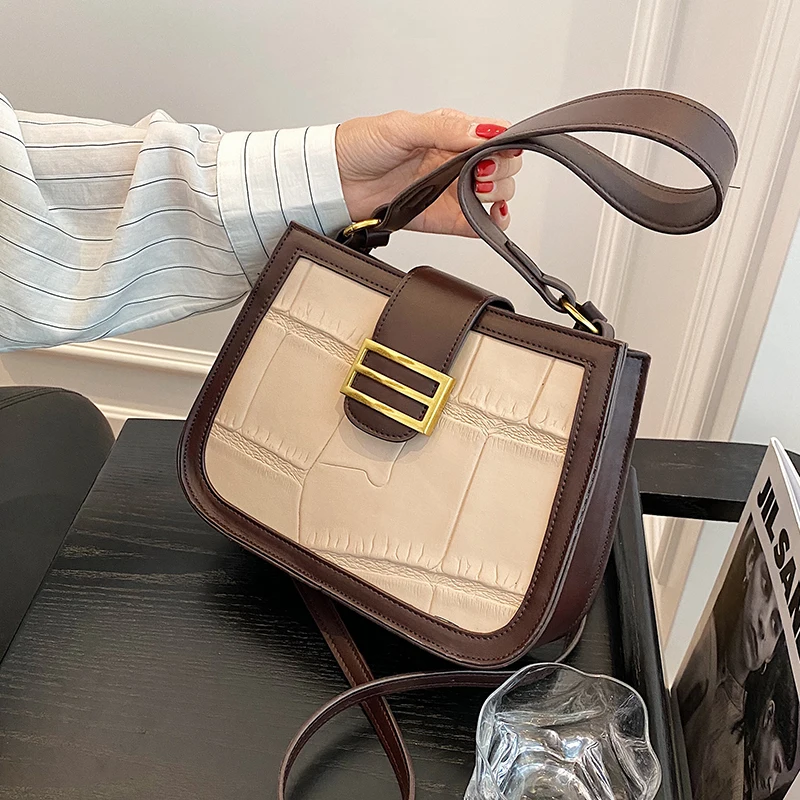 

Fashion Contrast Color Crossbody Bags For Women Stone Pattern Wide Strap Women Shoulder Bag Luxury Pu Leather Women's Handbags