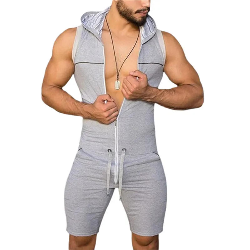 4 Colors Men Jumpsuit Tight Bodysuit Zipper Sleeveless Hooded Rompers