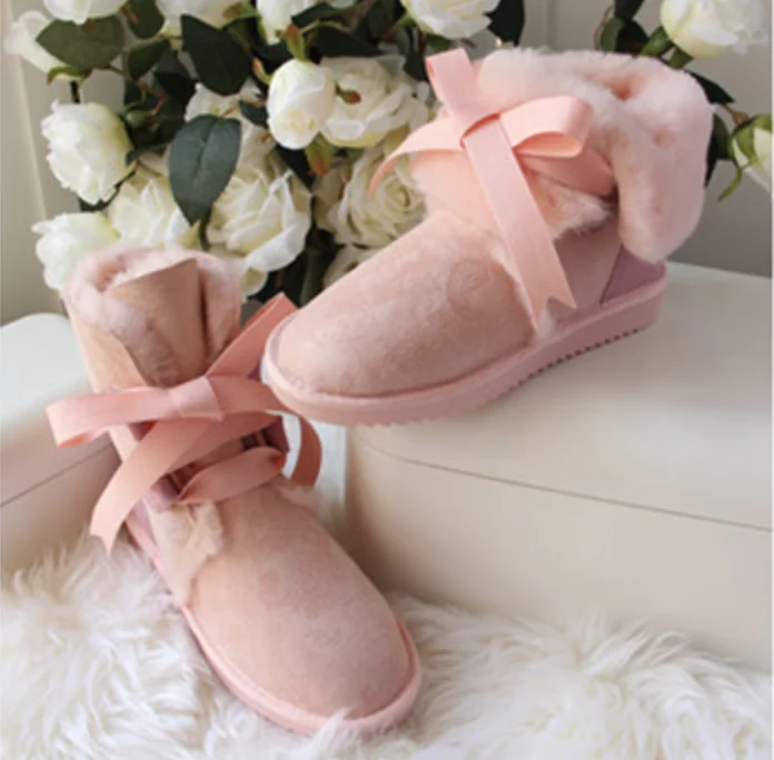 Princess pink Рождественские зимние ботинки для девочек; зимние ботинки на овечьем меху; ботинки принцессы; кожаные ботинки на плоской подошве с бантом; высококачественные теплые ботинки для девушек - Цвет: Princess pink