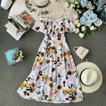 

New Summer Sexy Strap Dress Women Sundress Party Vestido Ruffles Slash Neck A Line Beach Holiday Floral Print Women's Dresses