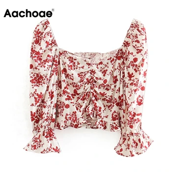 

Chic Women Floral Print Blouses Flare Sleeve Crop Top Vintage Square Collar Pleated Shirt Ruffle Casual Short Blouse 2020