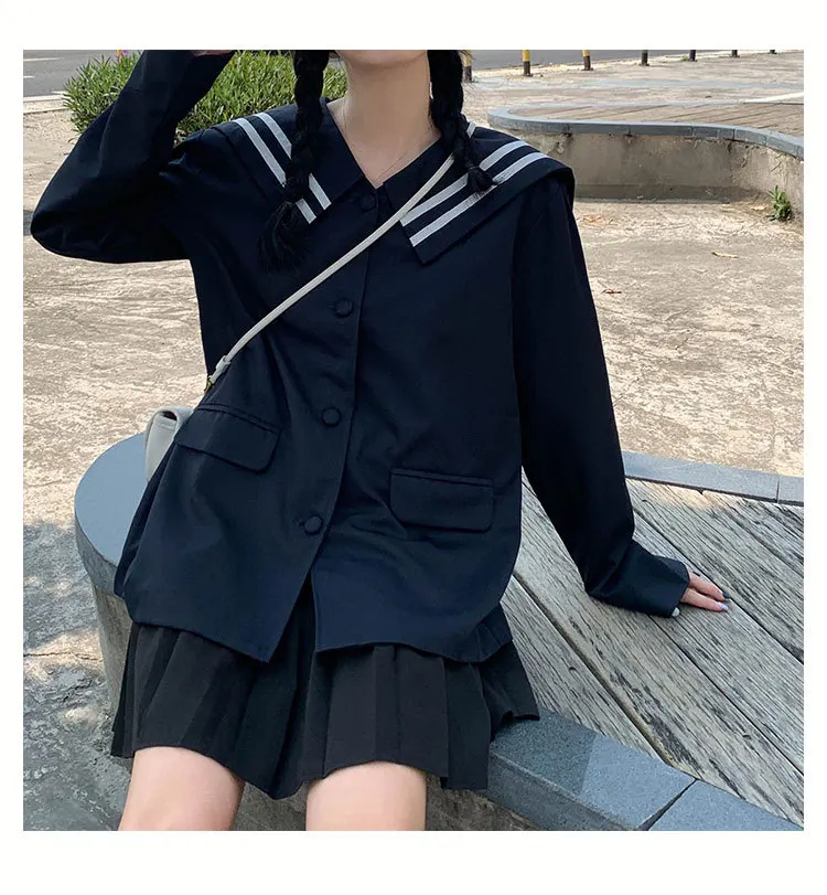 Photo Shoot South Korea Early Autumn New Style Loose-Fit Versatile College Style Navy Collar Long Sleeve Suit Jacket Women's
