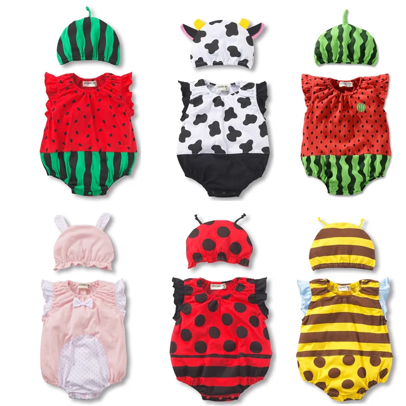 Body bébé + chapeau été bébé garçon filles pastèque fraise coccinelle combinaison coton infantile enfant en bas âge Costumes sans manches