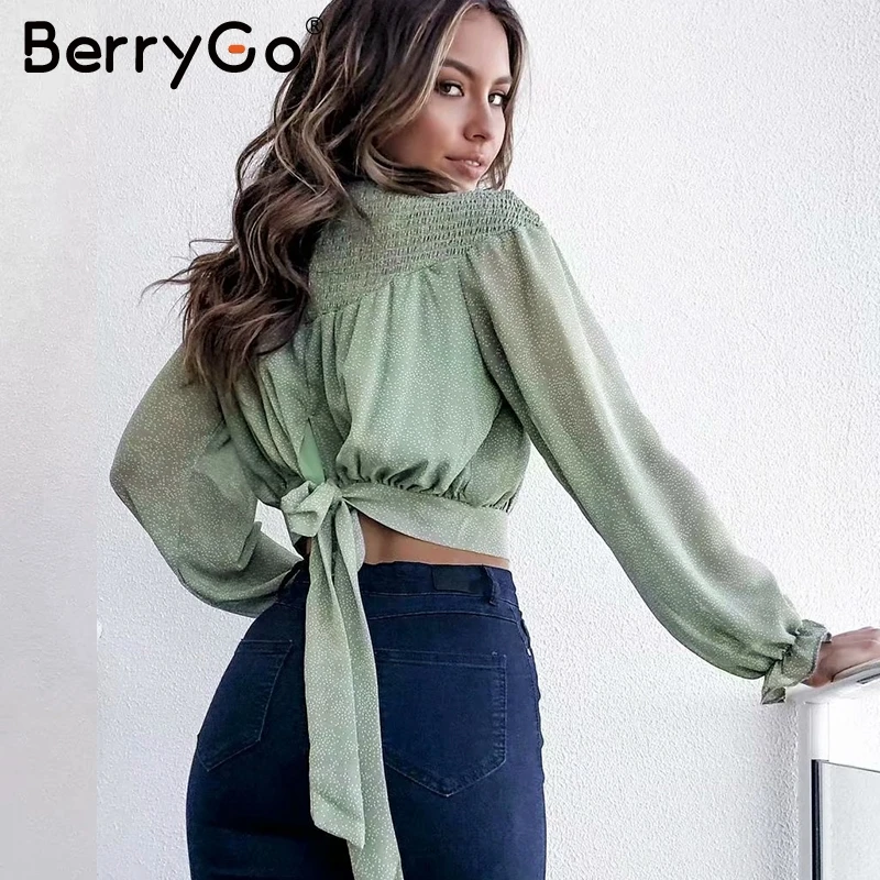 

BerryGo Elegant pleated chiffon blouse shirt women Ruffled lace up dot female tops Autumn winter office ladies cropped blouses