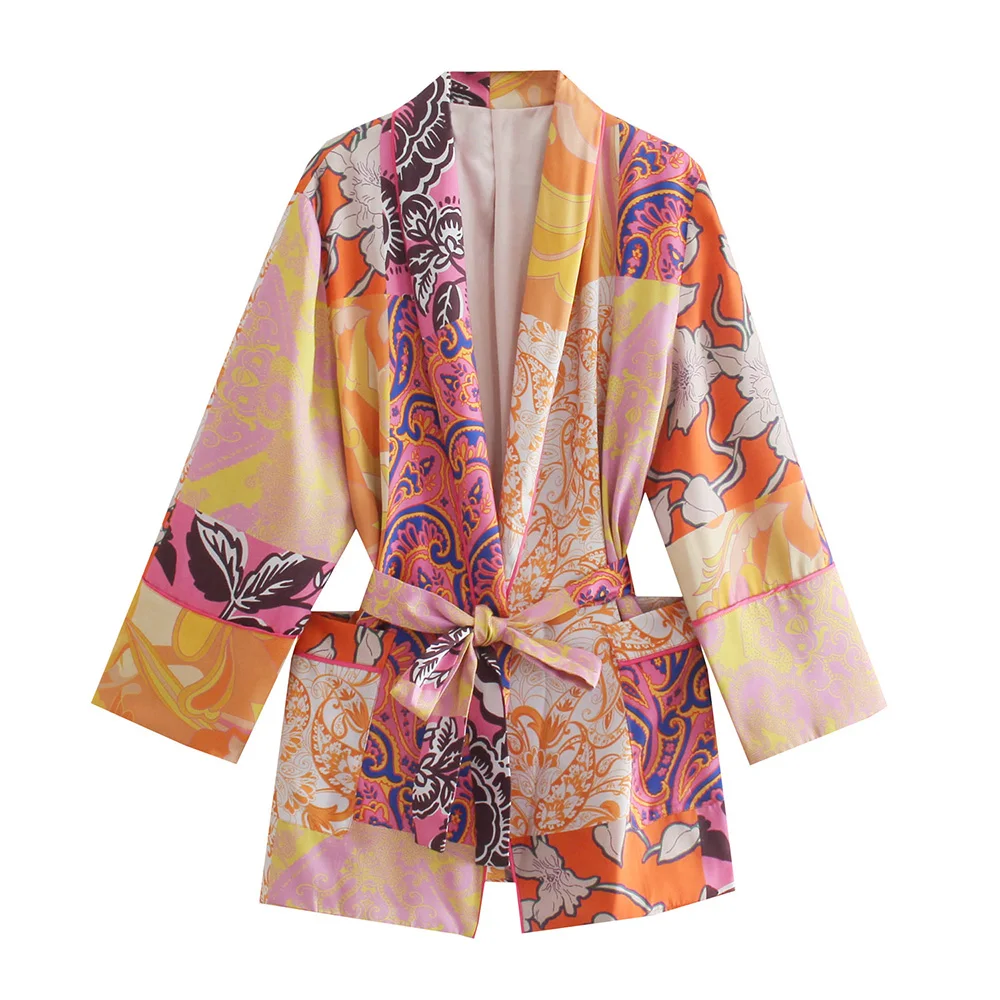 womens underwear sets XIKOM 2021 Women Two-piece Set  Print Kimono Vintage Belt Long Sleeve Loose Shirt Female Fashion Beach Style Shorts Suits white two piece set