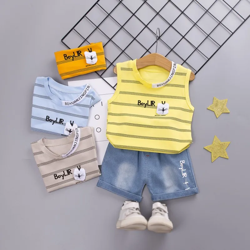 

2Pcs/Set Summer Children Baby Boys Casual Sleeveless Letter Striped Print T-shirt Tops+Denim Shorts