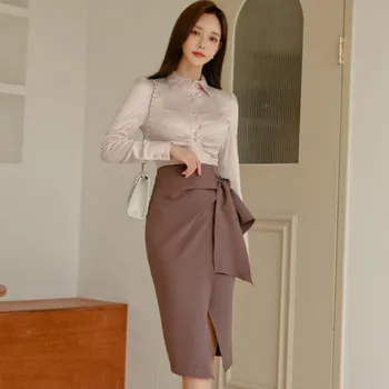 

Autumn Solid Single Breasted Blouse Bodycon Pencil Midi Skirt Two Piece Women's Sets Office Dresses