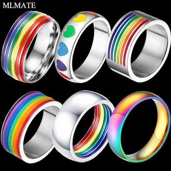 

Mens Womens Rainbow Colorful LGBT Pulsera Ring Stainless Steel Wedding Band Lebian & Gay Rings Drop Shipping Wholesale