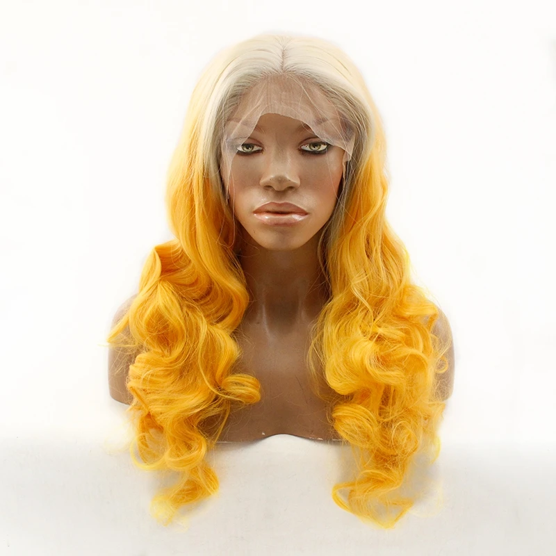 

Cosplay Blonde Ombre Yellow Long Body Wave Hair Glueless Synthetic Lace Front Wigs for Women Heat Resistant Fiber High Quality