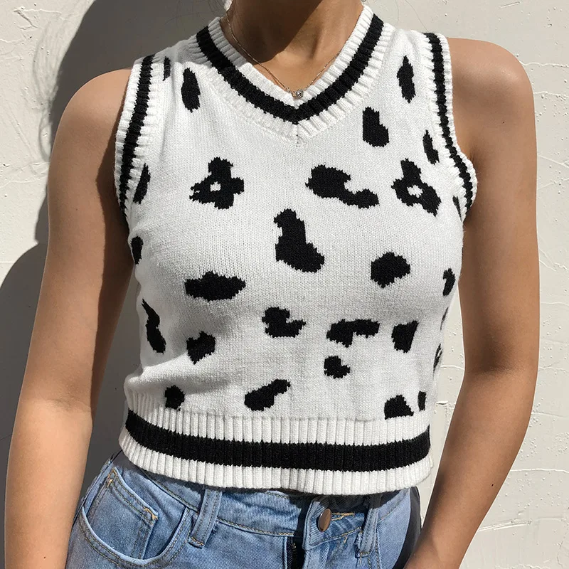 

Womens Classic Cow Print Sweater Vest Autumn Vintage Trendy Sleeveless V Neck Rib Knit Pullover Crop Top Woollen Vest