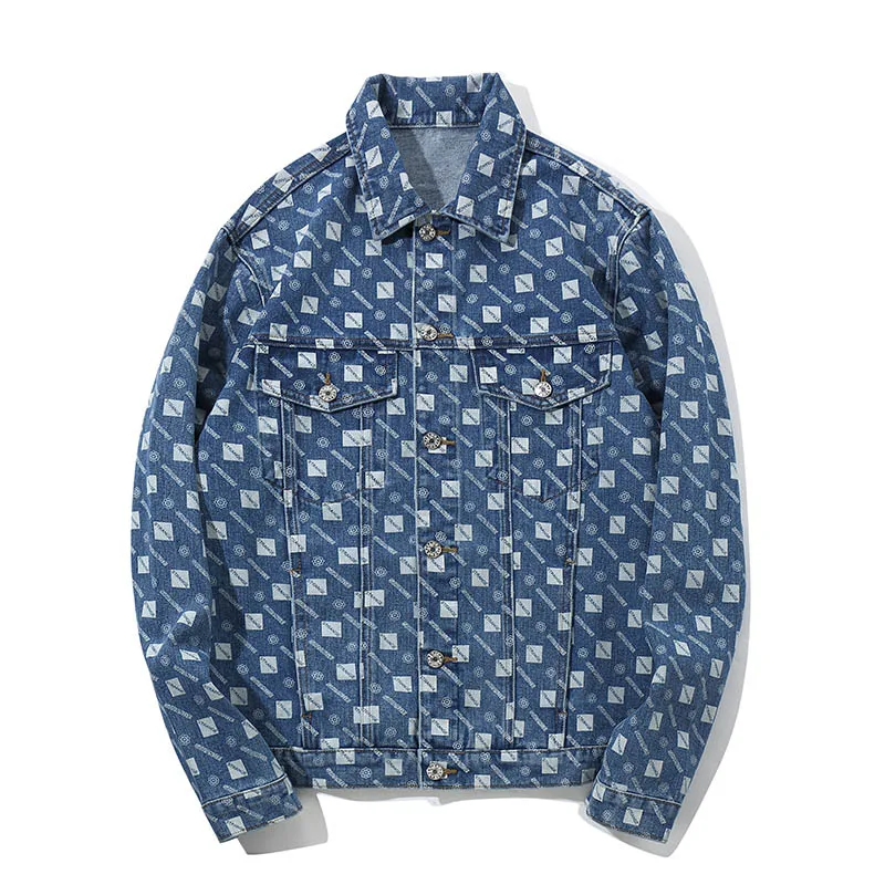 Новинка, Мужская джинсовая куртка в клетку с цветным рисунком, модная Свободная куртка с отворотом, Harajuku Veste Homme, ветровка в стиле хип-хоп, куртка-бомбер - Цвет: Синий