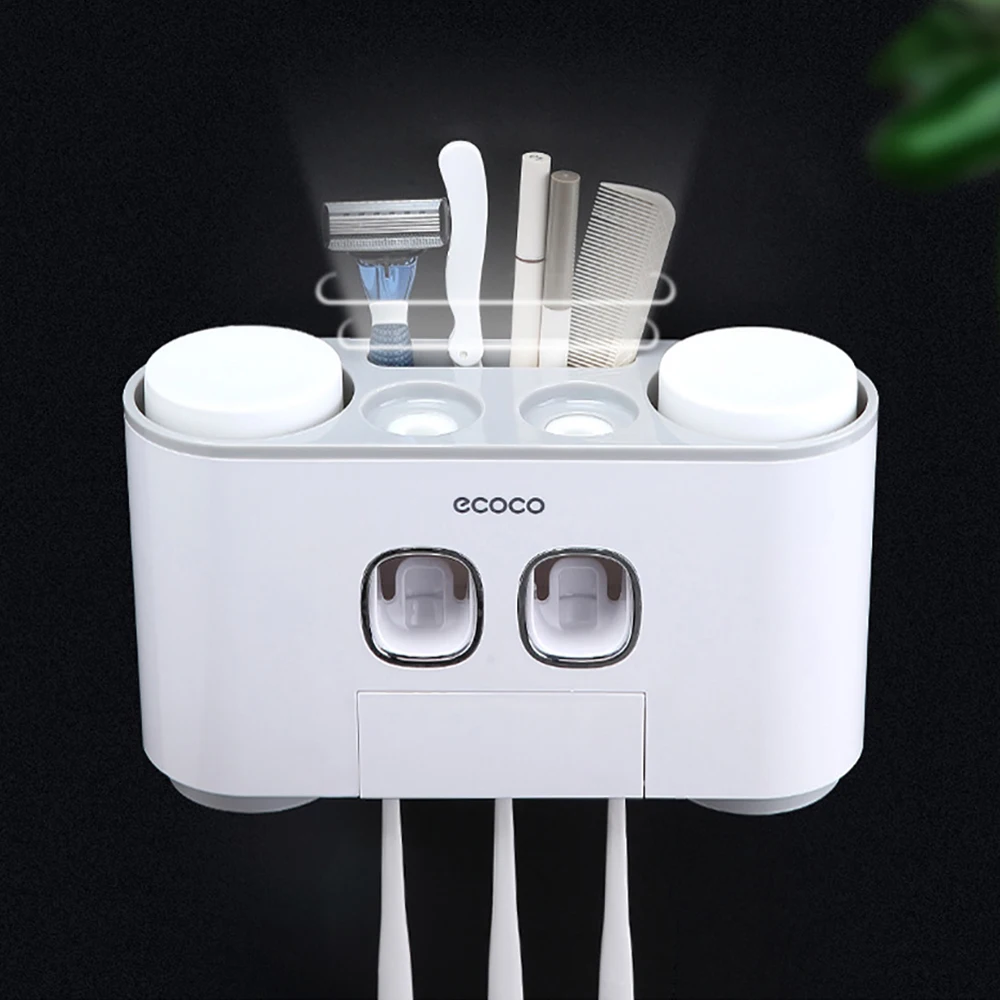 

Home Auto Toothpaste Dispenser Wall Mounted With 4 Cups Toothbrush Holder Creative Free Punch Toothpaste Squeezer Set Bathroom