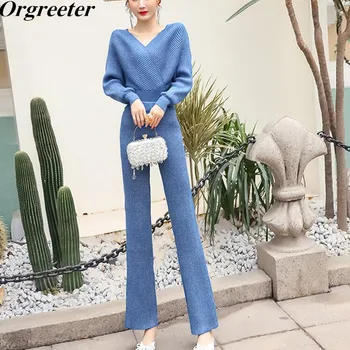 

Shinny Knitted Two piece Pants Sets Women Autumn Winter New Fashion Sexy V-neck Backless Batwing Sleeve Sweater and Pants Sets