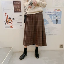 Твидовая кофейно-коричневая клетчатая плиссированная юбка, Длинная Женская Осенняя зимняя винтажная юбка с эластичной резинкой на талии Jupe Longue Falda Larga Saia