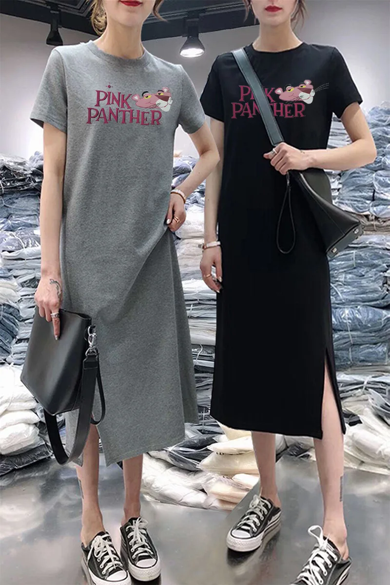 

Summer Short-sleeve Dress Women's Casual Belly Covering Large Size Loose-Fit Mid-length over-the-Knee Base T-shirt Skirt