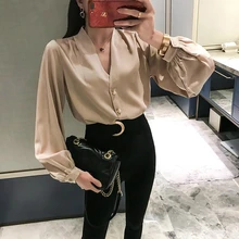 2020 Women Satin Blouse V-neck Causal Shirt Spring Office Clothes Top