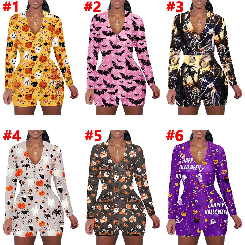 

Halloween Solid Color Pattern Pumpkin Ghost Print Long Sleeves V-Neck Button Playsuit New Arrival Autumn Hot Women Jumpsuit